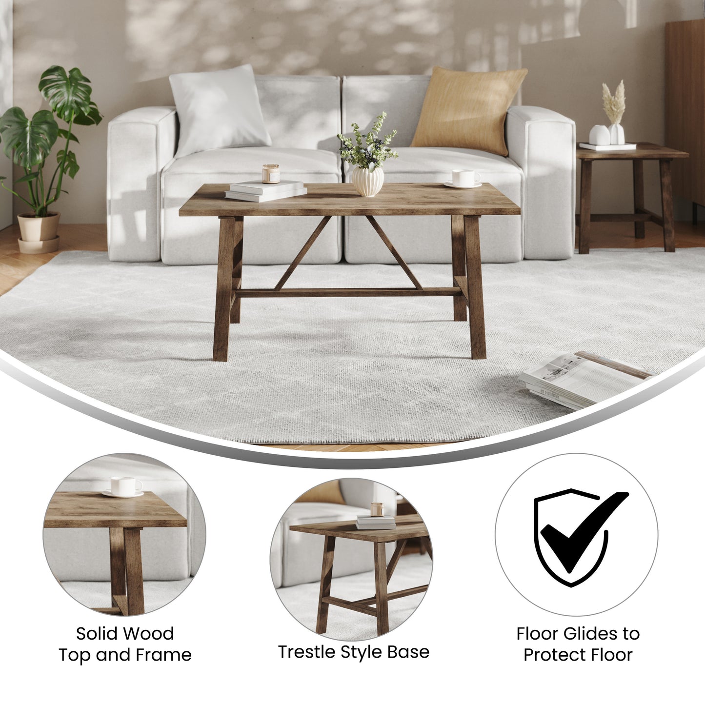 Eli Solid Wood Farmhouse Coffee Table, Trestle Style Accent Table in Rustic Brown Rustic Brown