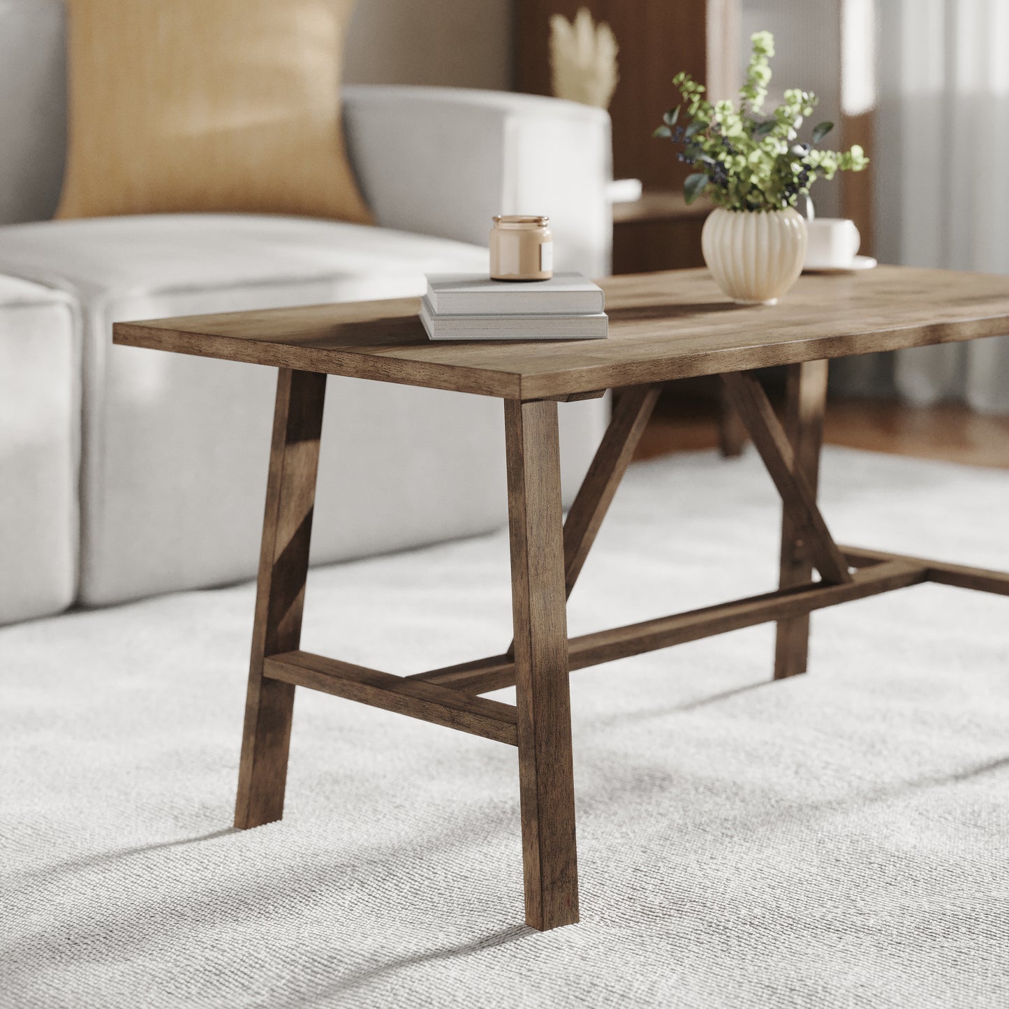 Eli Solid Wood Farmhouse Coffee Table, Trestle Style Accent Table in Rustic Brown Rustic Brown