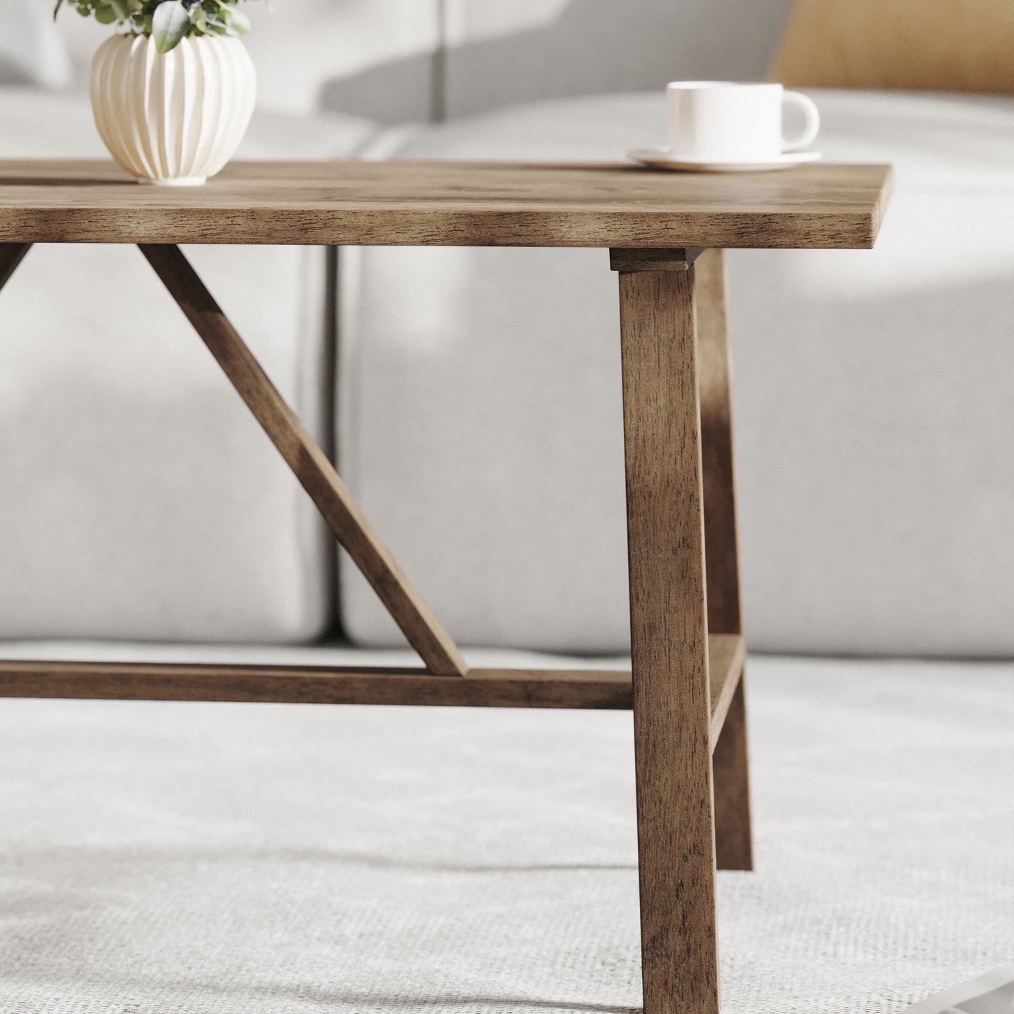 Eli Solid Wood Farmhouse Coffee Table, Trestle Style Accent Table in Rustic Brown Rustic Brown