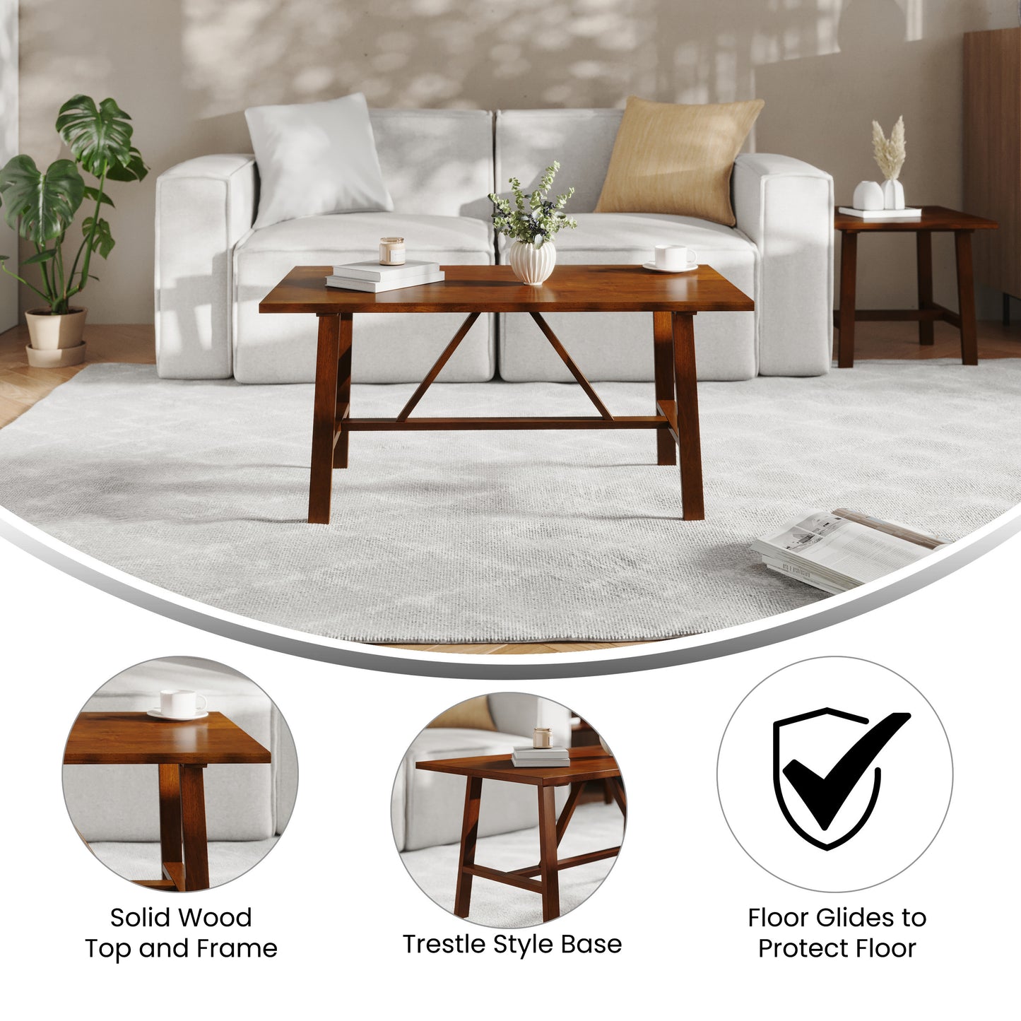 Eli Solid Wood Farmhouse Coffee Table, Trestle Style Accent Table in Walnut Walnut