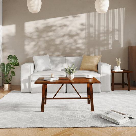 Eli Solid Wood Farmhouse Coffee Table, Trestle Style Accent Table in Walnut Walnut