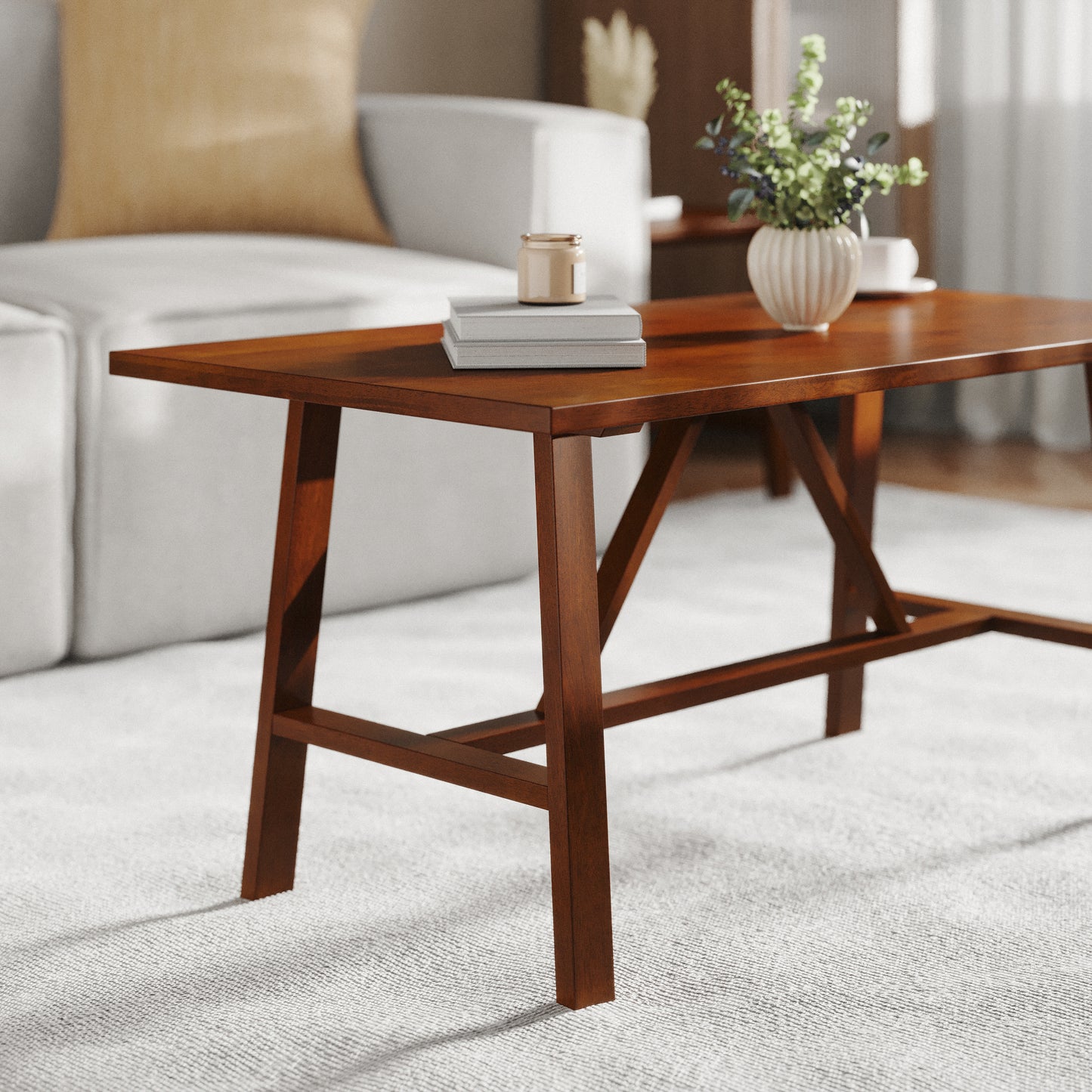 Eli Solid Wood Farmhouse Coffee Table, Trestle Style Accent Table in Walnut Walnut