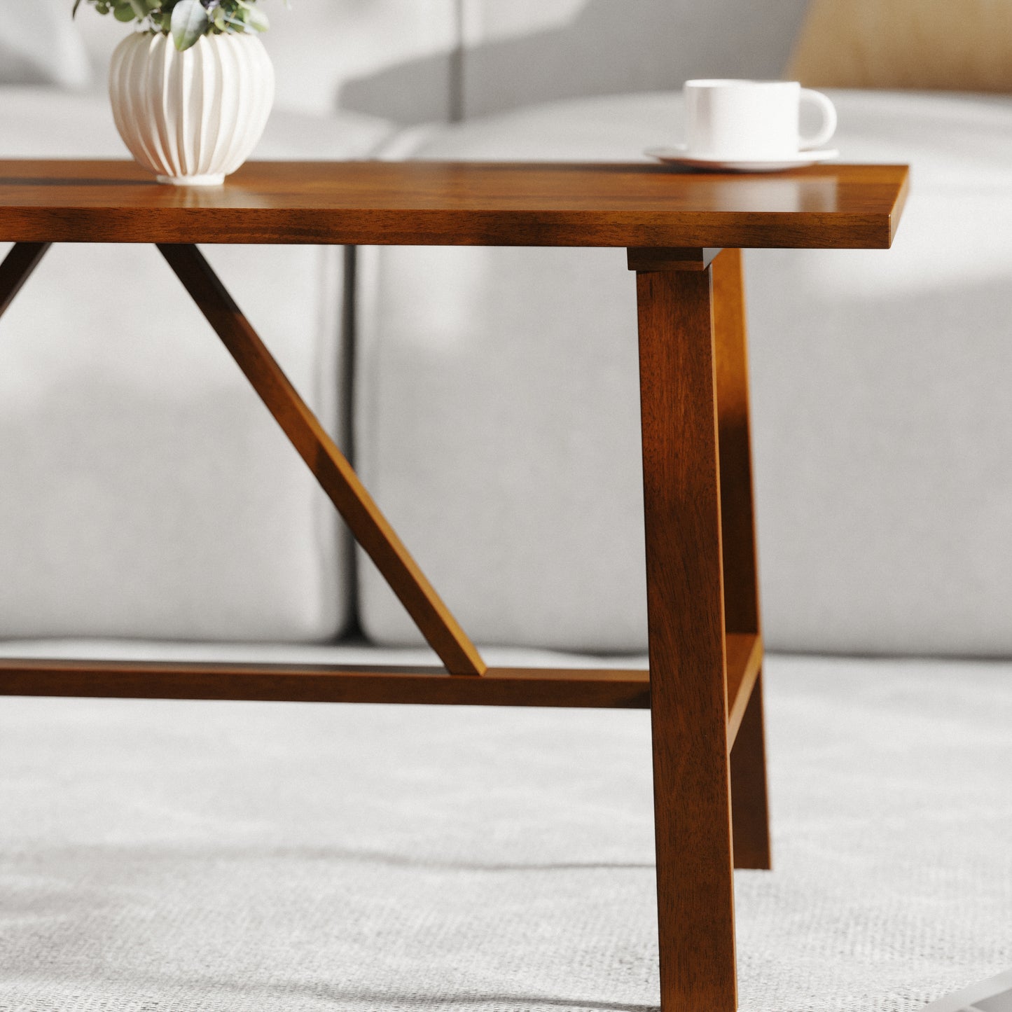 Eli Solid Wood Farmhouse Coffee Table, Trestle Style Accent Table in Walnut Walnut