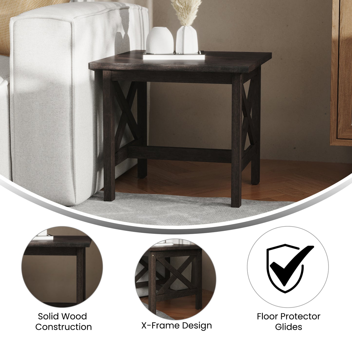 Jasper Farmhouse Style Solid Wood End Table with Traditional X-Frame Design in Dark Gray Dark Gray