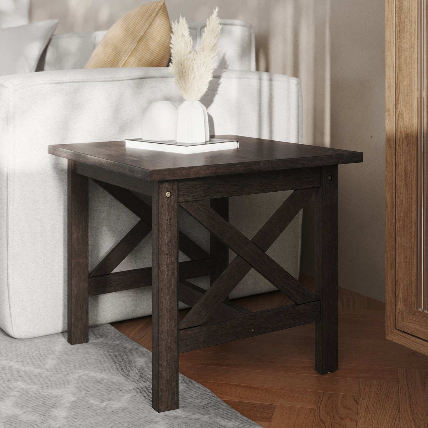 Jasper Farmhouse Style Solid Wood End Table with Traditional X-Frame Design in Dark Gray Dark Gray
