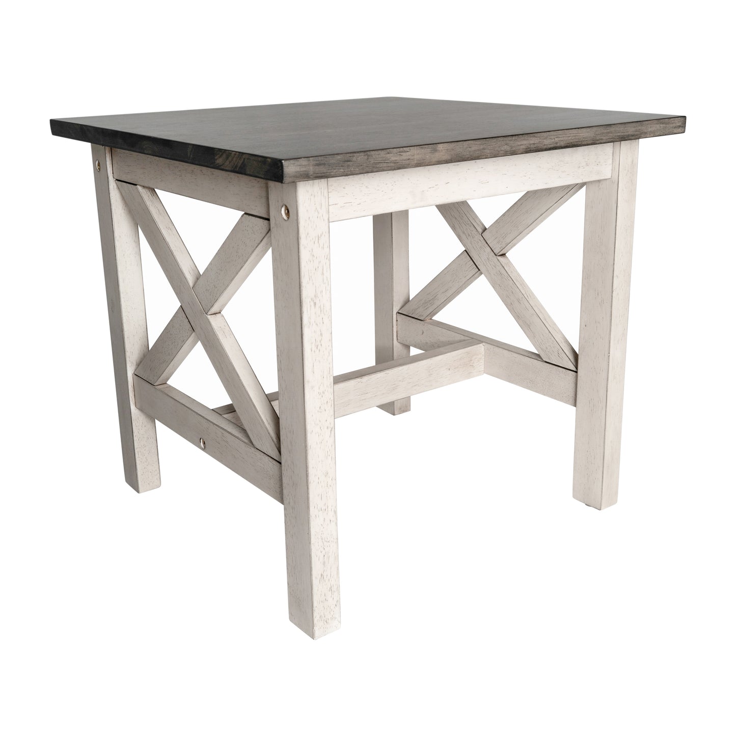 Jasper Farmhouse Style Solid Wood End Table with Traditional X-Frame Design in Acacia Gray and Rustic White Acacia Gray Top/Rustic White Frame