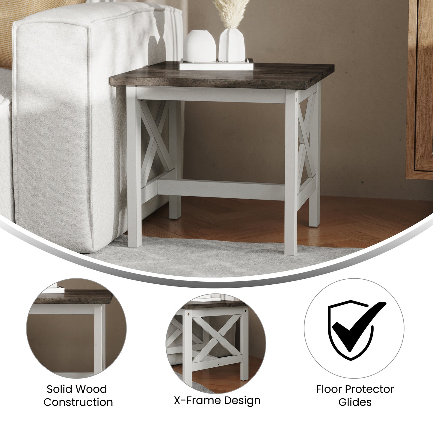 Jasper Farmhouse Style Solid Wood End Table with Traditional X-Frame Design in Acacia Gray and Rustic White Acacia Gray Top/Rustic White Frame