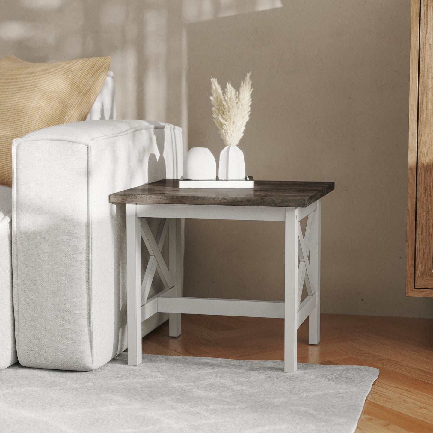 Jasper Farmhouse Style Solid Wood End Table with Traditional X-Frame Design in Acacia Gray and Rustic White Acacia Gray Top/Rustic White Frame