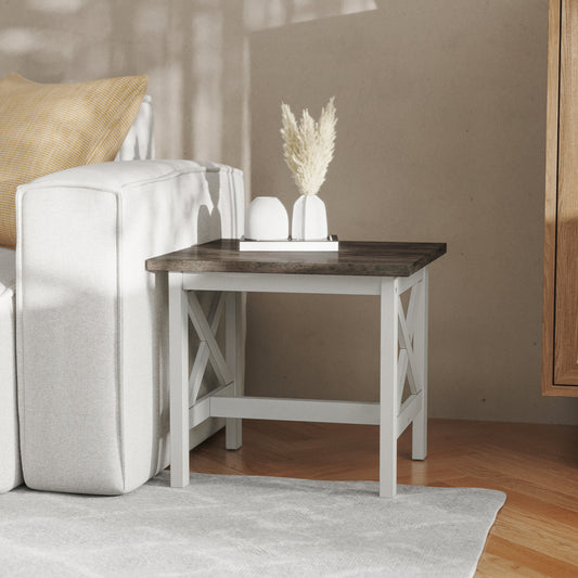 Jasper Farmhouse Style Solid Wood End Table with Traditional X-Frame Design in Acacia Gray and Rustic White Acacia Gray Top/Rustic White Frame