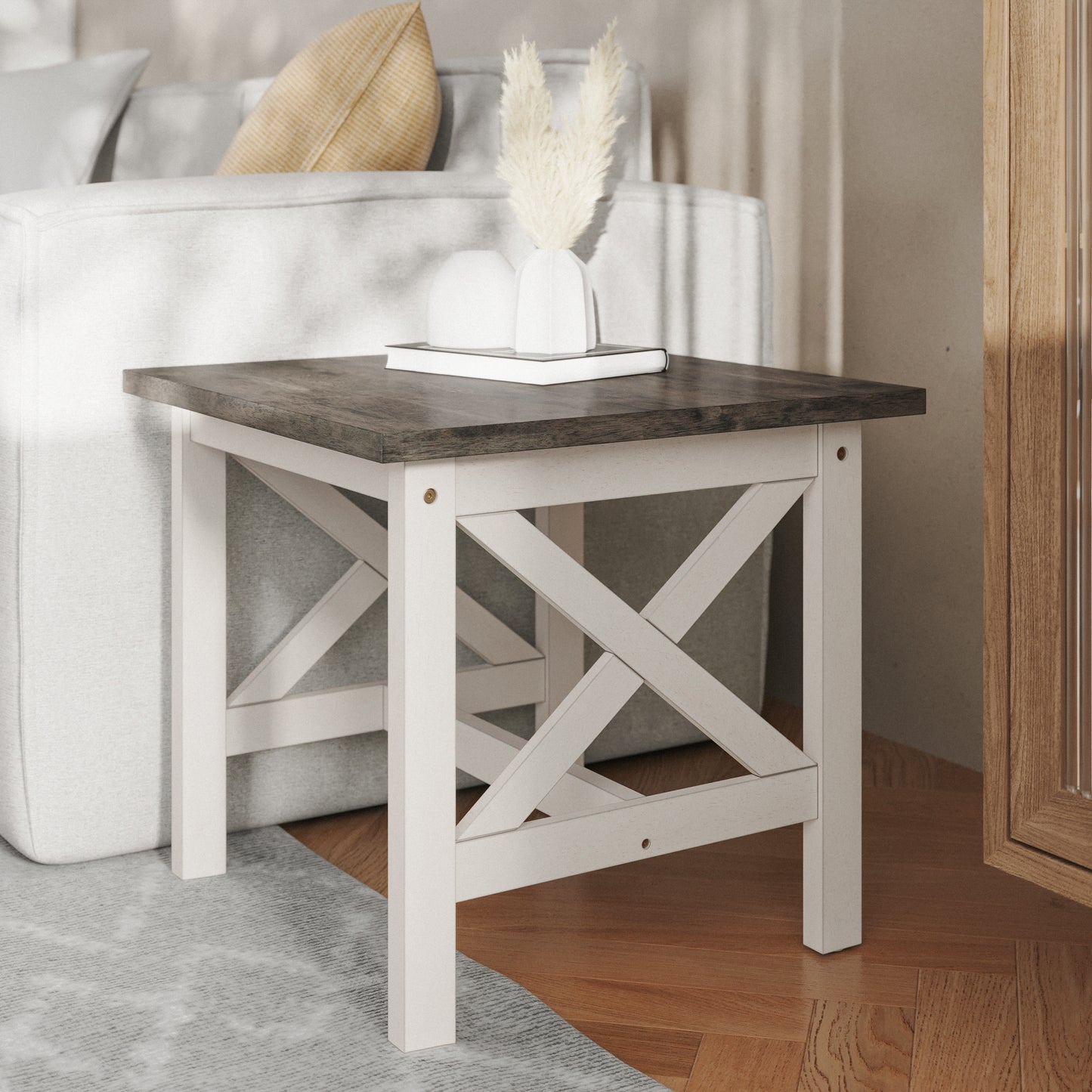 Jasper Farmhouse Style Solid Wood End Table with Traditional X-Frame Design in Acacia Gray and Rustic White Acacia Gray Top/Rustic White Frame