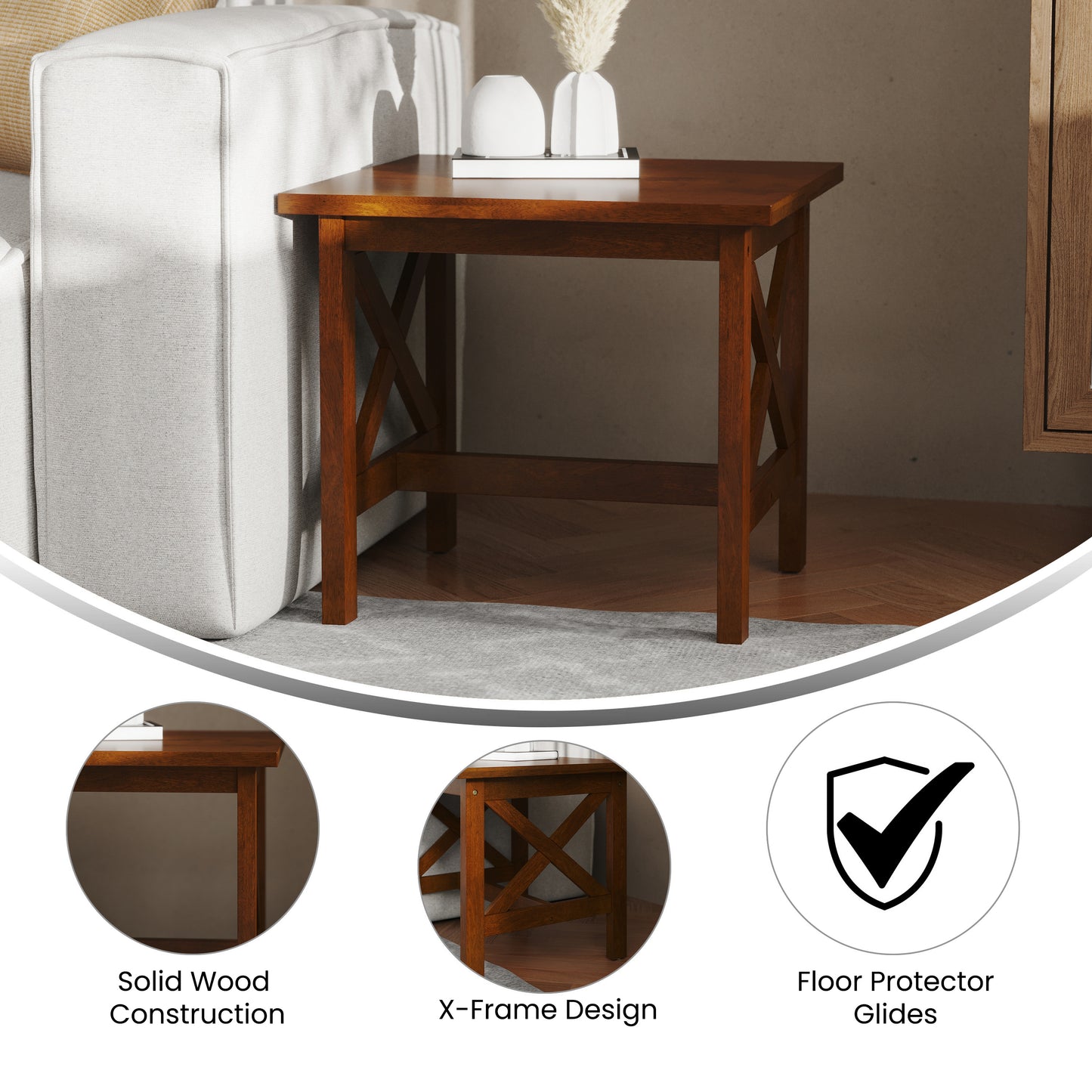 Jasper Farmhouse Style Solid Wood End Table with Traditional X-Frame Design in Walnut Walnut