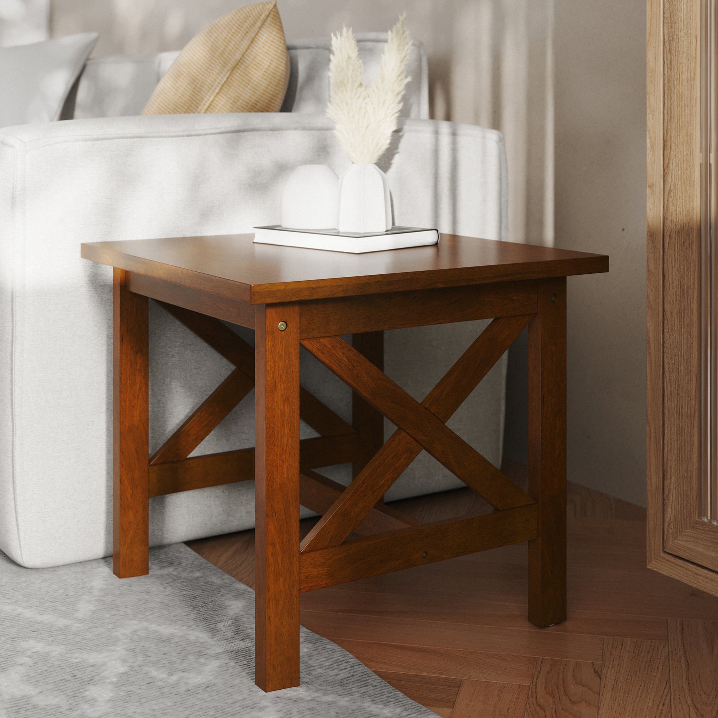 Jasper Farmhouse Style Solid Wood End Table with Traditional X-Frame Design in Walnut Walnut