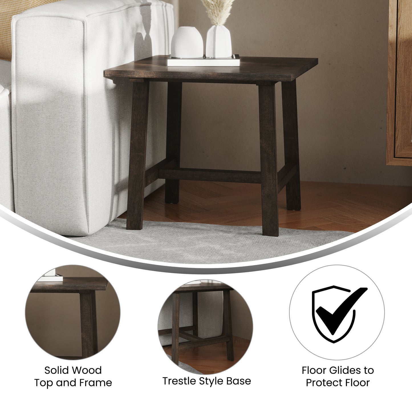 Eli Solid Wood Farmhouse End Table, Trestle Style Accent Table in Dark Gray Dark Gray