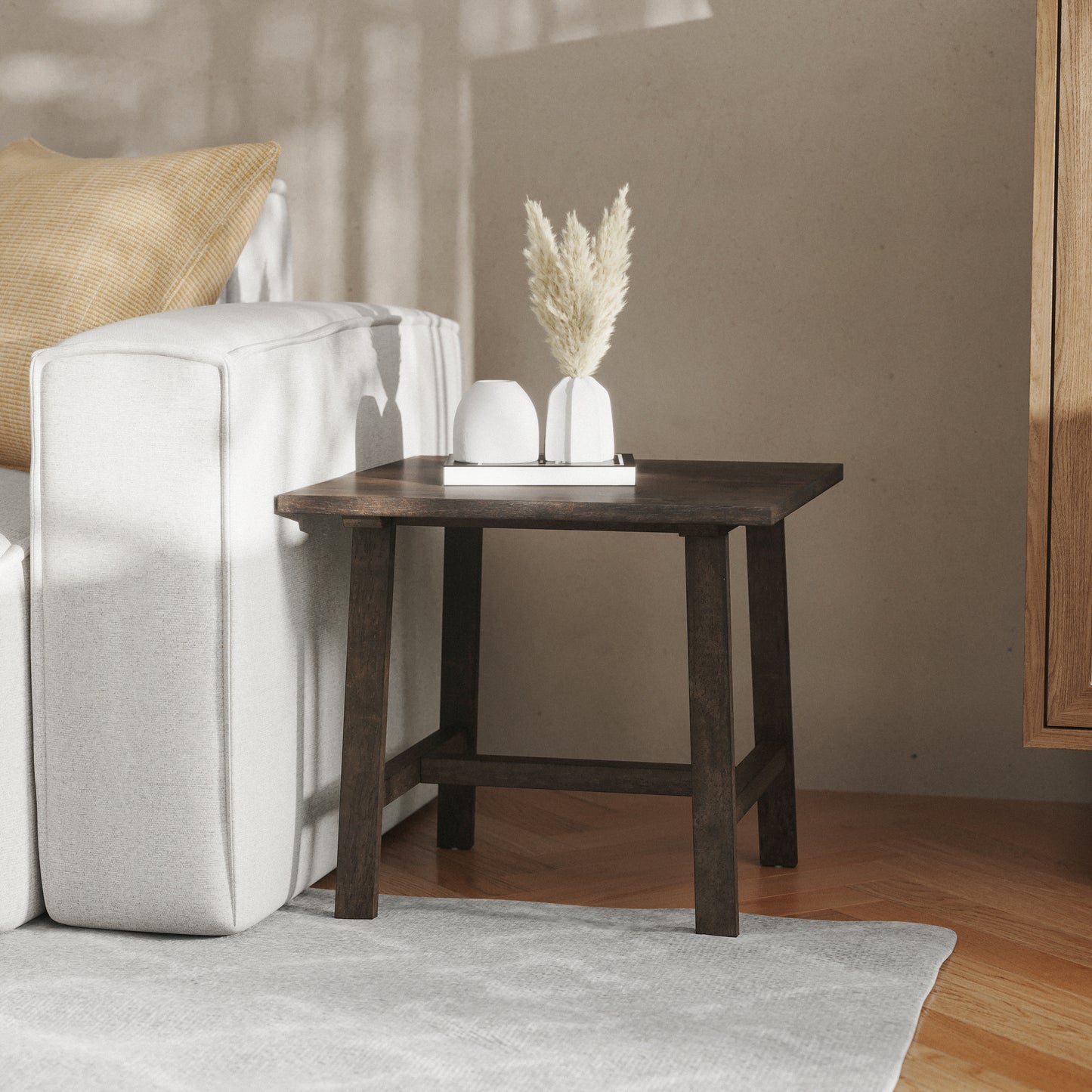 Eli Solid Wood Farmhouse End Table, Trestle Style Accent Table in Dark Gray Dark Gray