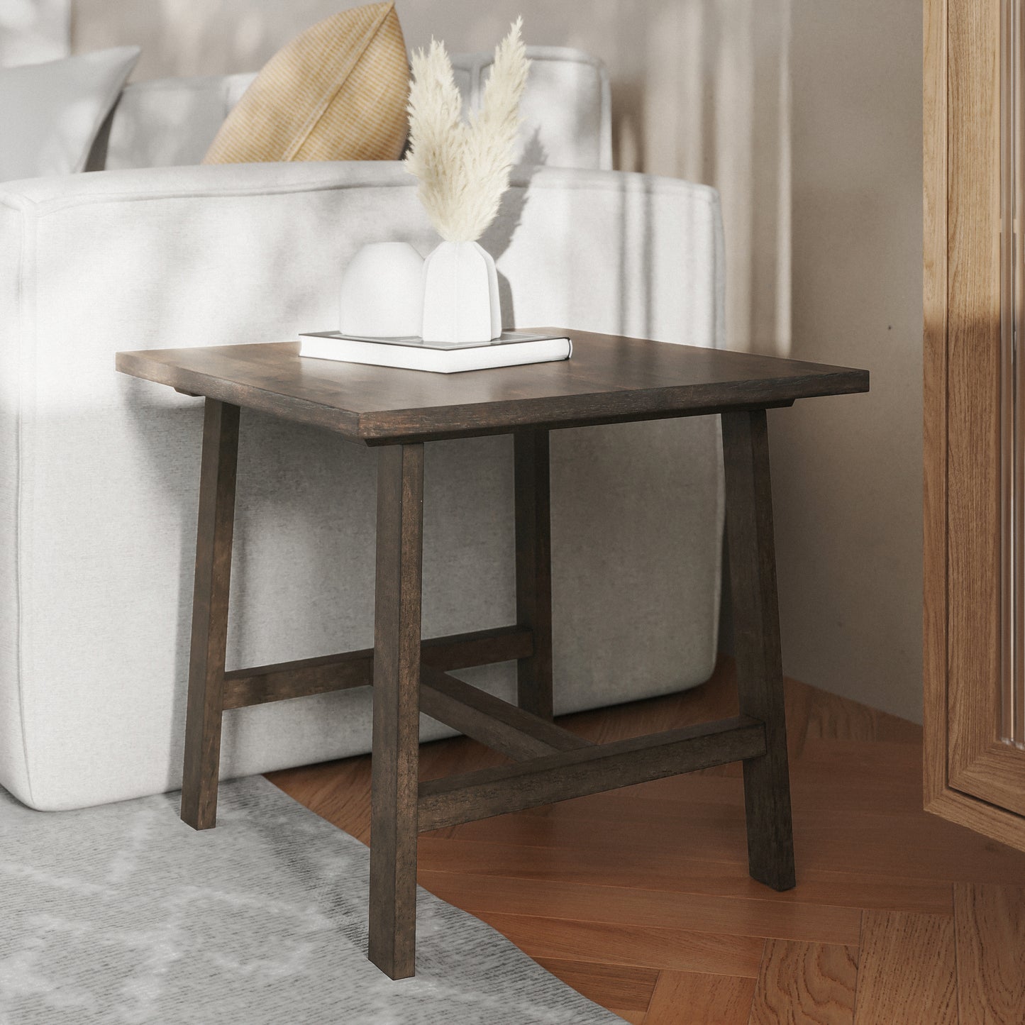Eli Solid Wood Farmhouse End Table, Trestle Style Accent Table in Dark Gray Dark Gray