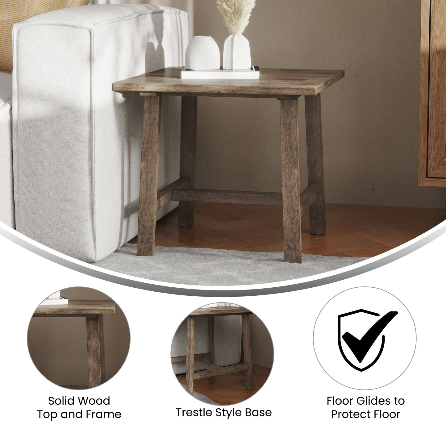 Eli Solid Wood Farmhouse End Table, Trestle Style Accent Table in Rustic Brown Rustic Brown