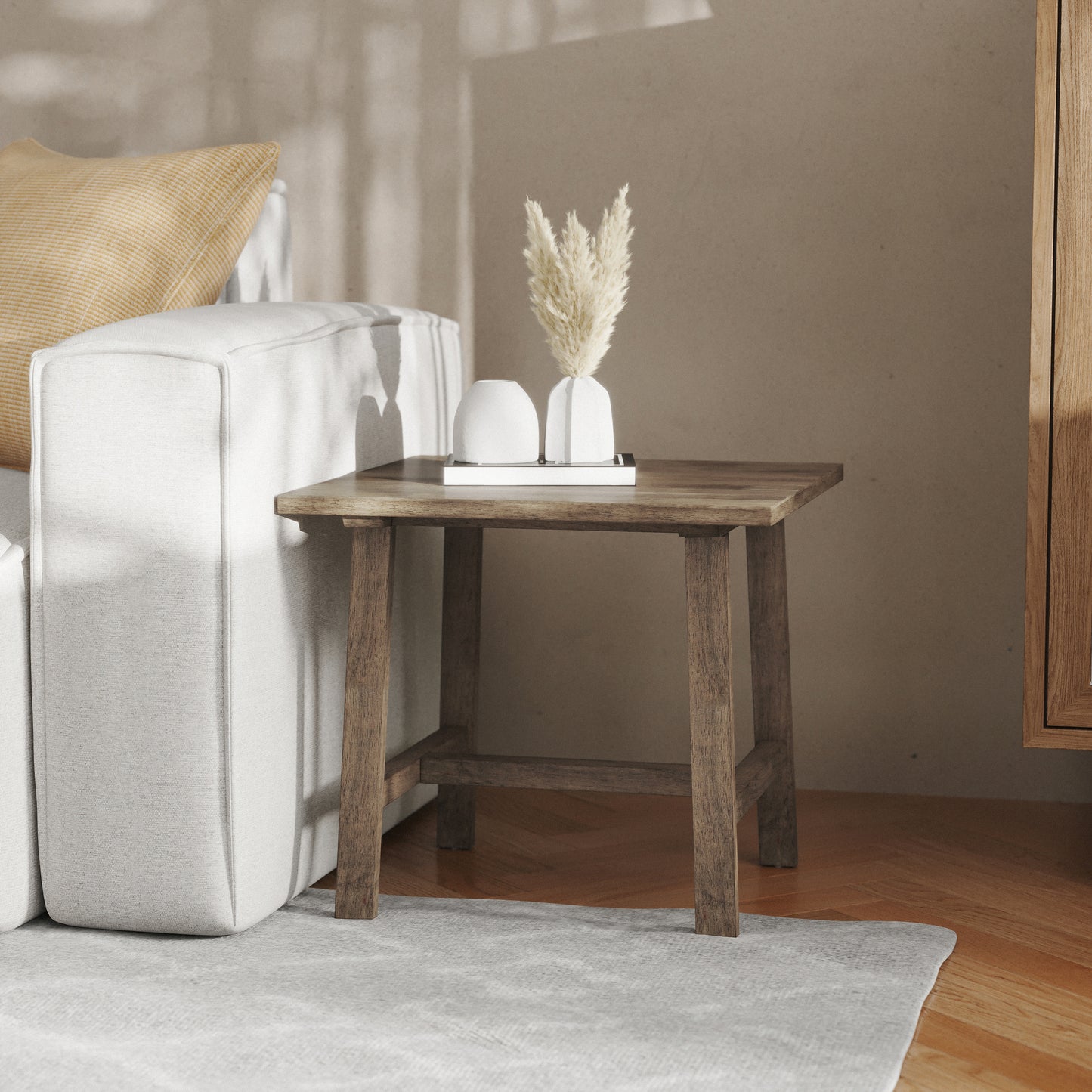 Eli Solid Wood Farmhouse End Table, Trestle Style Accent Table in Rustic Brown Rustic Brown