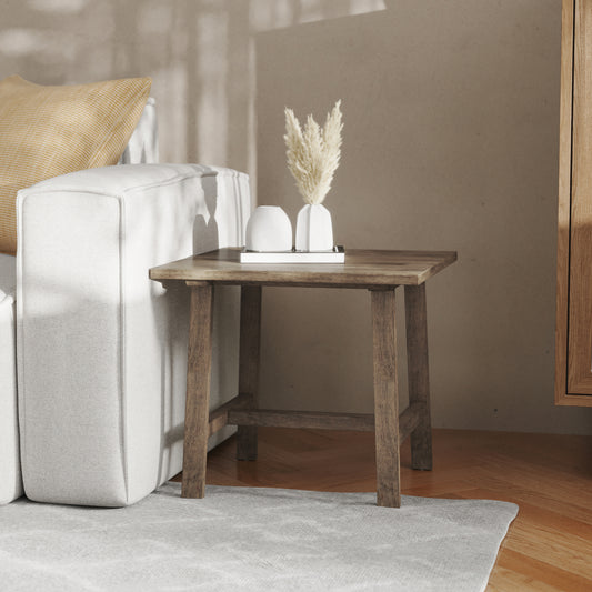 Eli Solid Wood Farmhouse End Table, Trestle Style Accent Table in Rustic Brown Rustic Brown