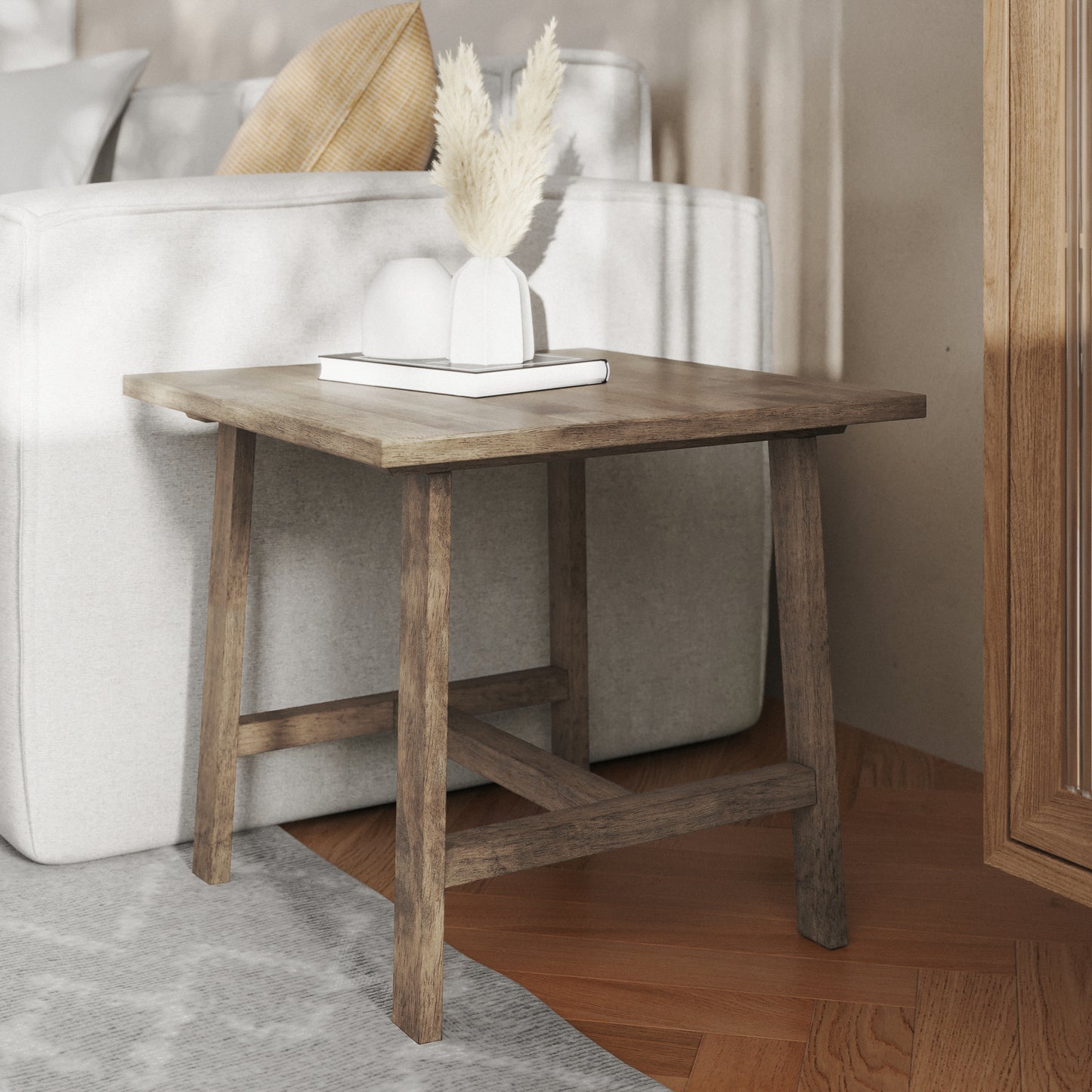 Eli Solid Wood Farmhouse End Table, Trestle Style Accent Table in Rustic Brown Rustic Brown