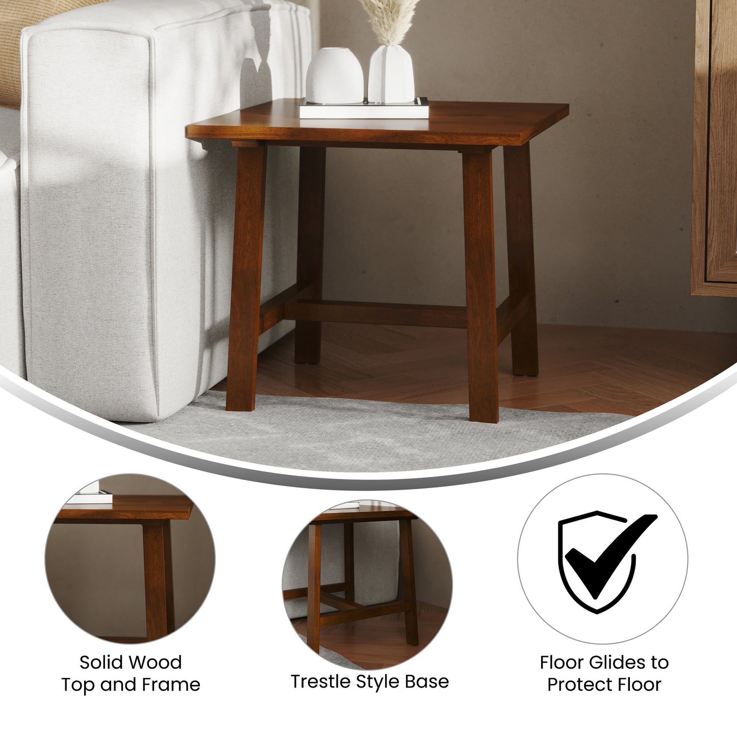 Eli Solid Wood Farmhouse End Table, Trestle Style Accent Table in Walnut Walnut