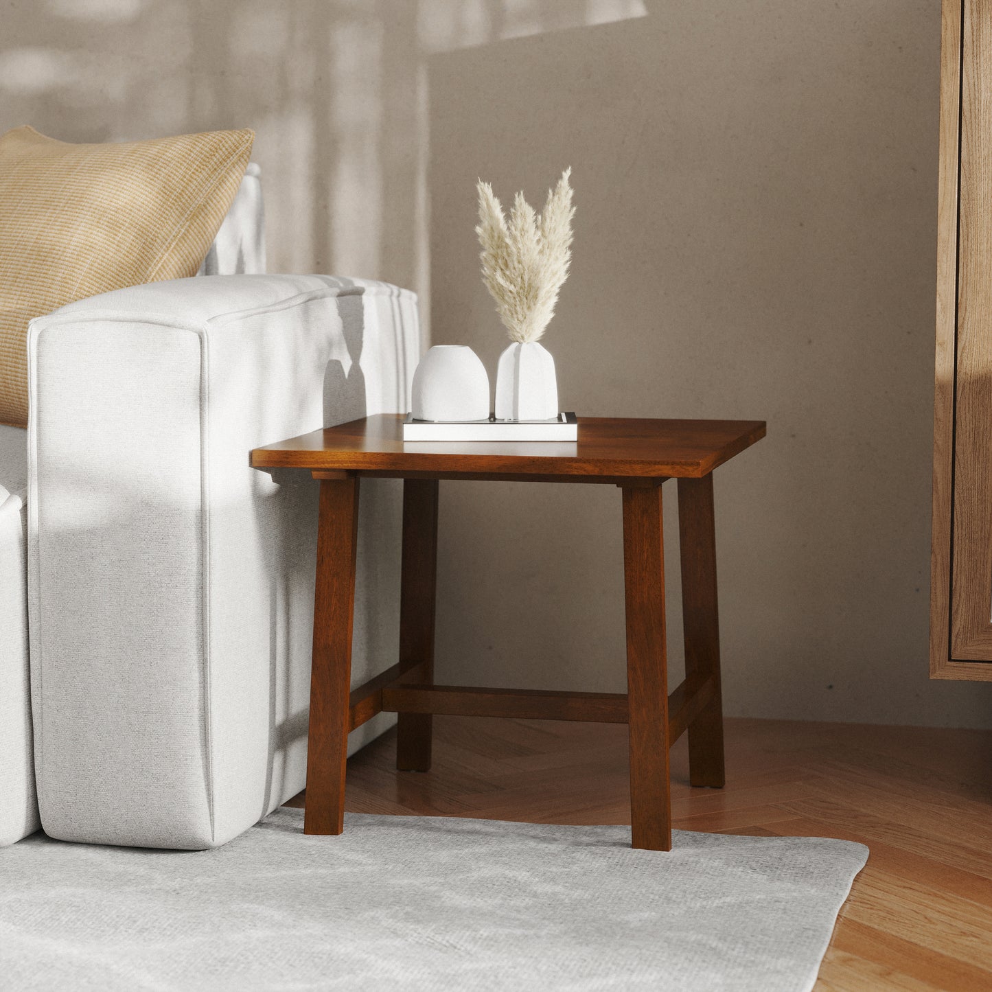 Eli Solid Wood Farmhouse End Table, Trestle Style Accent Table in Walnut Walnut