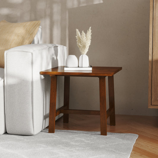 Eli Solid Wood Farmhouse End Table, Trestle Style Accent Table in Walnut Walnut