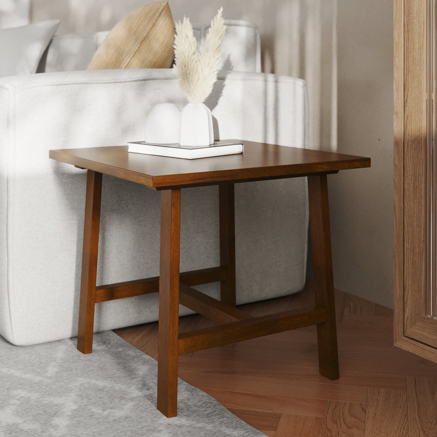 Eli Solid Wood Farmhouse End Table, Trestle Style Accent Table in Walnut Walnut