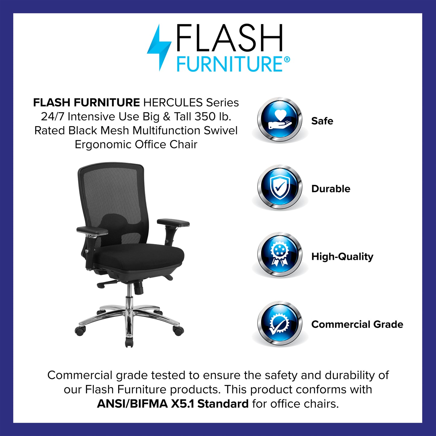 HERCULES Series 24/7 Intensive Use Big & Tall 350 lb. Rated Black Mesh Multifunction Swivel Ergonomic Office Chair Black