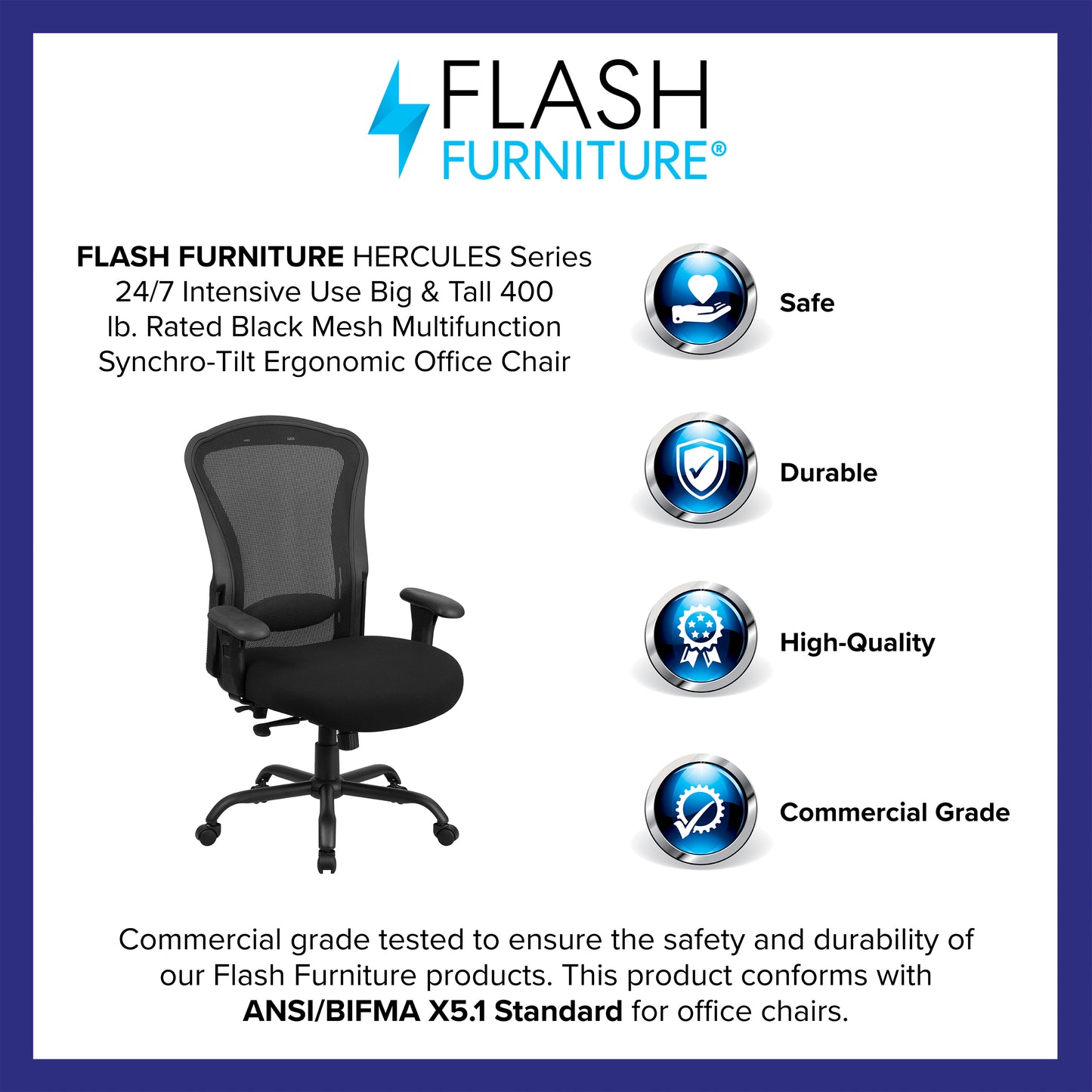 HERCULES Series 24/7 Intensive Use Big & Tall 400 lb. Rated Black Mesh Multifunction Synchro-Tilt Ergonomic Office Chair Black