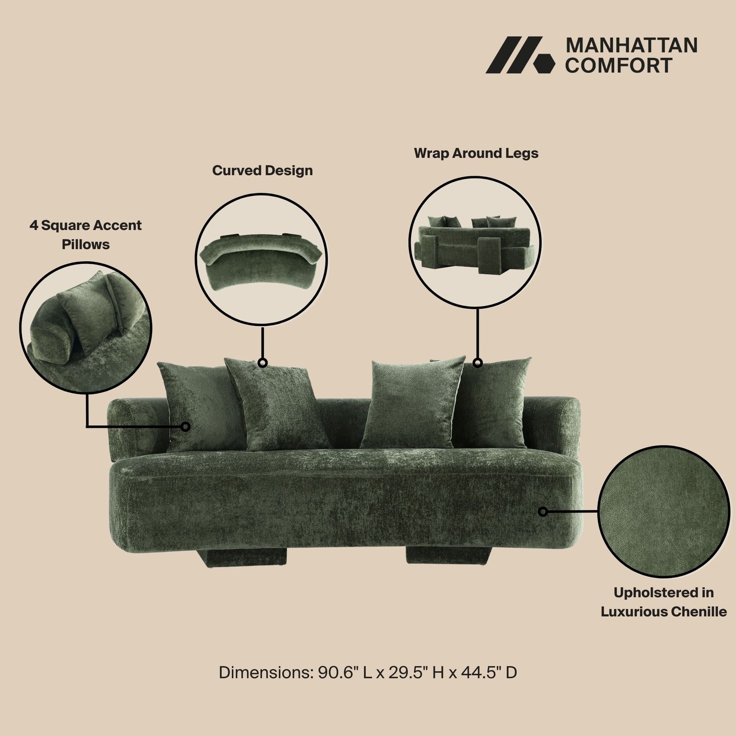 Verandah Mid-Century Modern 91" Chenille Sofa in Olive Green LS017-OG
