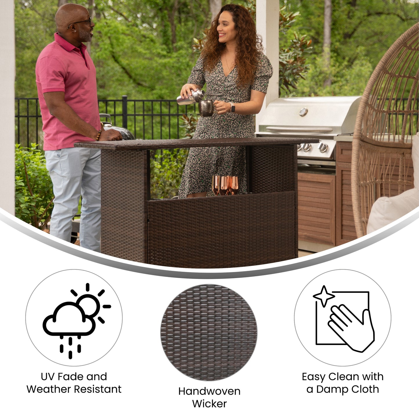Marco Indoor/Outdoor Patio Wicker Rattan Bar Counter Table with 2 Shelves, Brown Brown