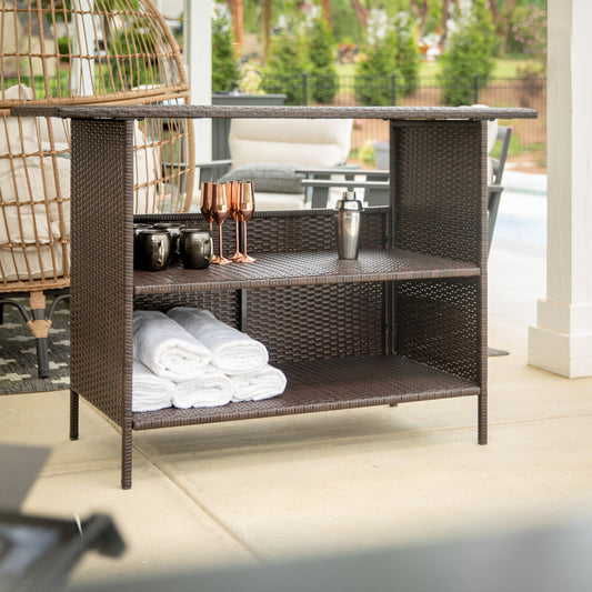 Marco Indoor/Outdoor Patio Wicker Rattan Bar Counter Table with 2 Shelves, Brown Brown