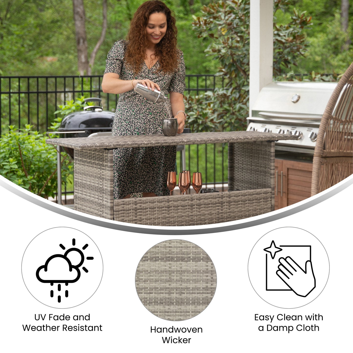 Marco Indoor/Outdoor Patio Wicker Rattan Bar Counter Table with 2 Shelves, Gray Gray