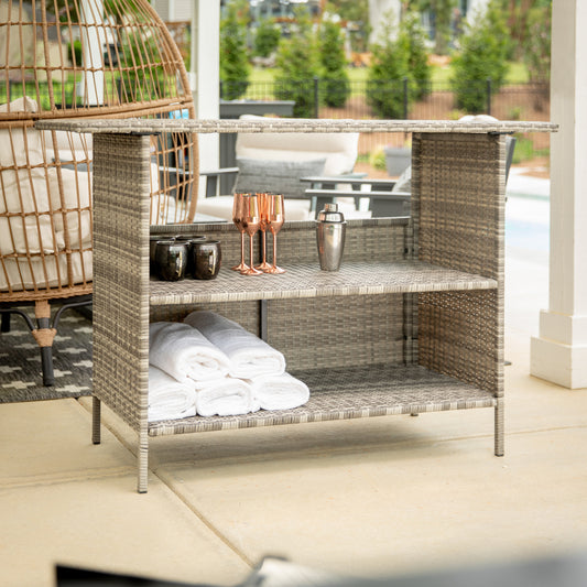 Marco Indoor/Outdoor Patio Wicker Rattan Bar Counter Table with 2 Shelves, Gray Gray