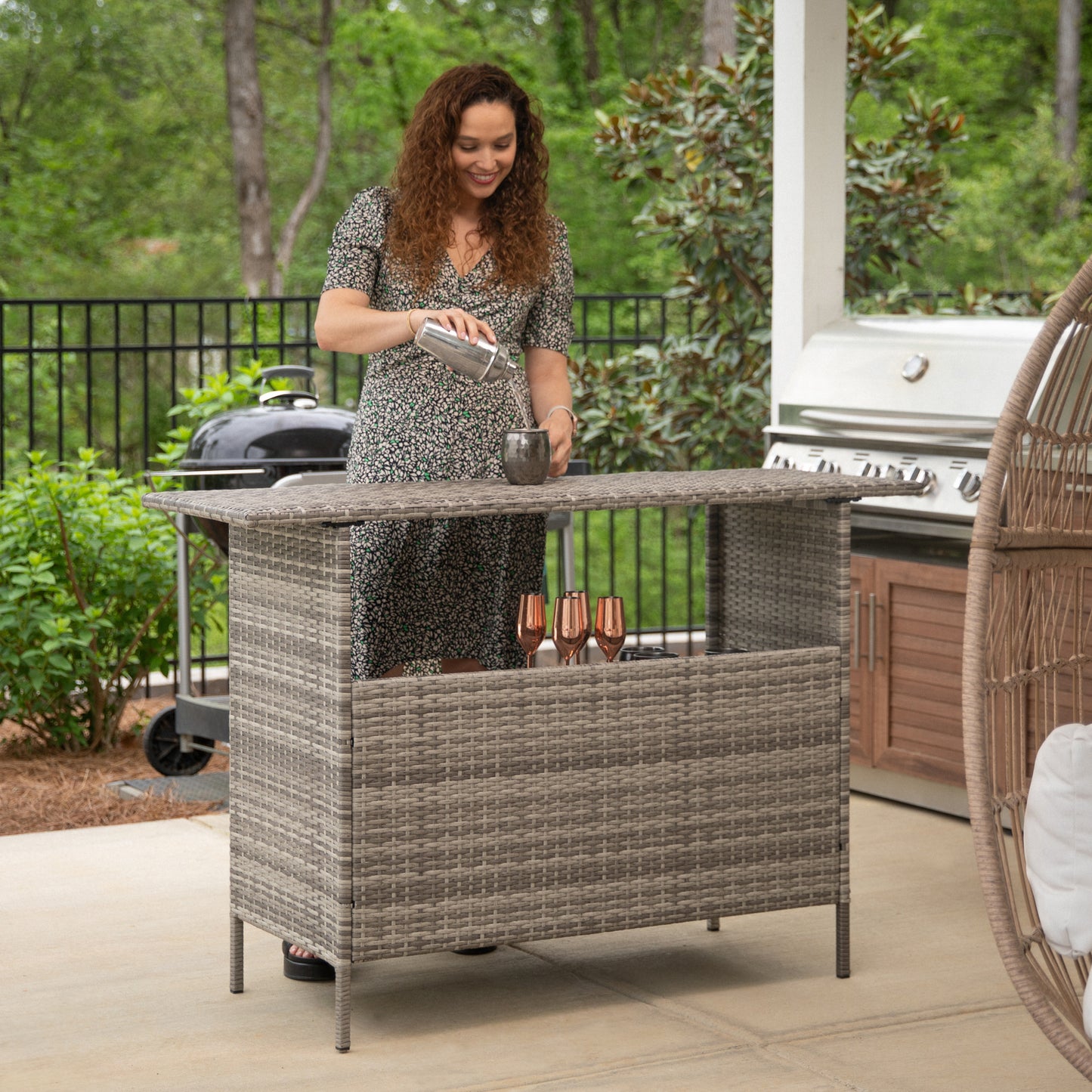 Marco Indoor/Outdoor Patio Wicker Rattan Bar Counter Table with 2 Shelves, Gray Gray