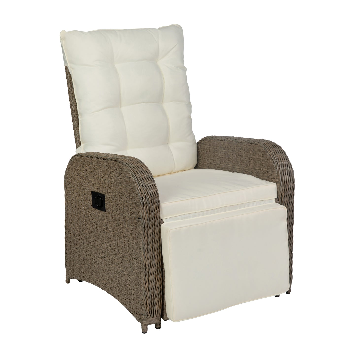 Nemo Indoor/Outdoor Patio Wicker Rattan Recliner Lounge Chair with Flip up Side Table, Beige and Brown Beige Cushions/Brown Frame