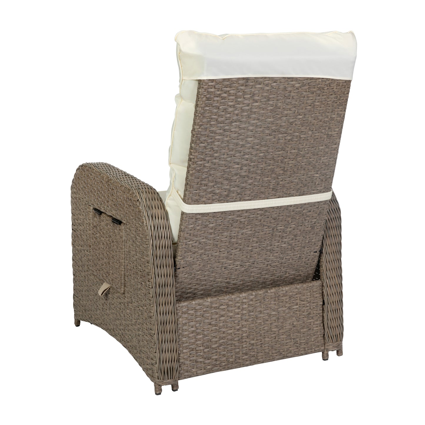 Nemo Indoor/Outdoor Patio Wicker Rattan Recliner Lounge Chair with Flip up Side Table, Beige and Brown Beige Cushions/Brown Frame
