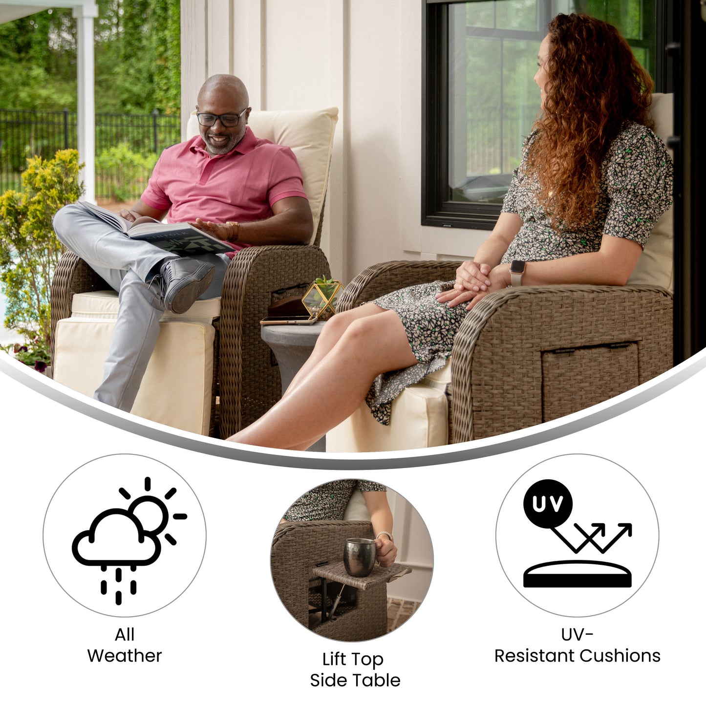 Nemo Indoor/Outdoor Patio Wicker Rattan Recliner Lounge Chair with Flip up Side Table, Beige and Brown Beige Cushions/Brown Frame