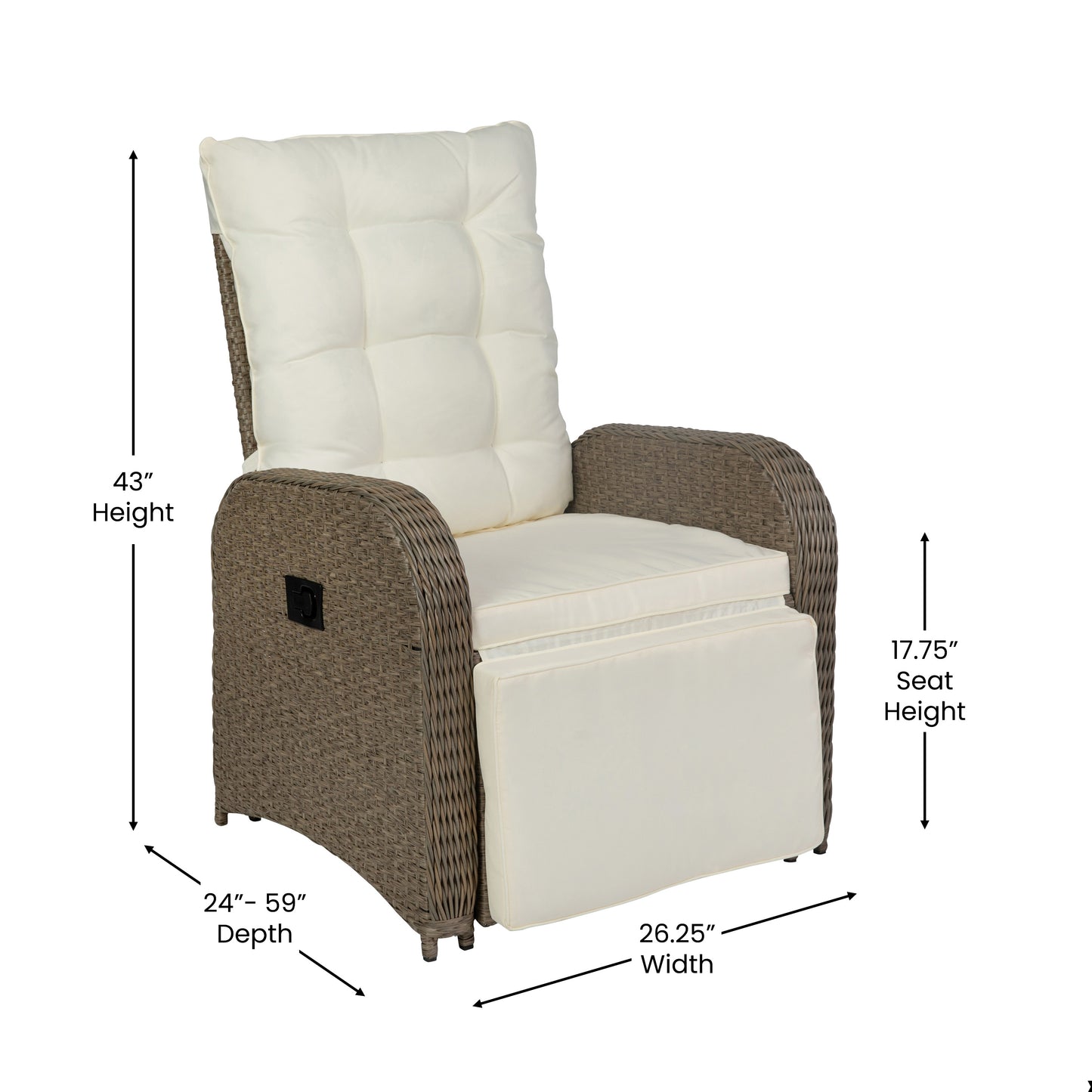 Nemo Indoor/Outdoor Patio Wicker Rattan Recliner Lounge Chair with Flip up Side Table, Beige and Brown Beige Cushions/Brown Frame