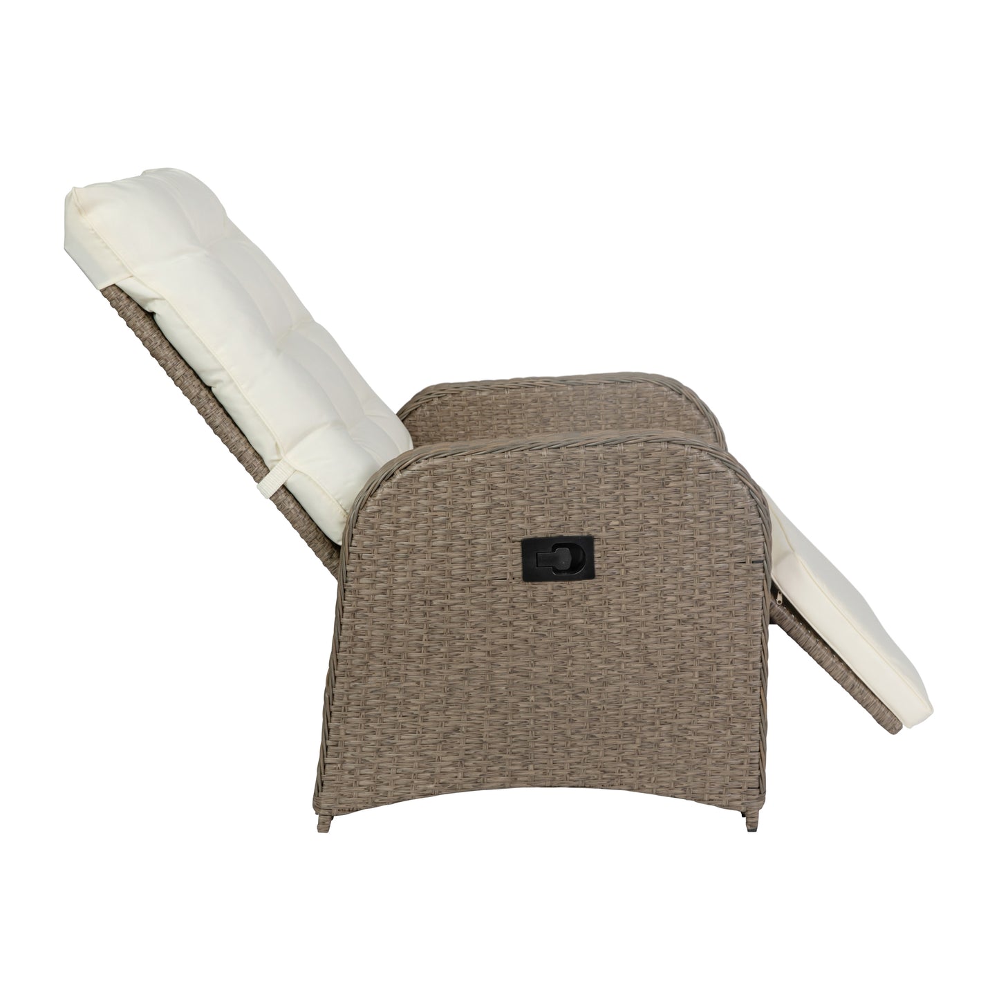 Nemo Indoor/Outdoor Patio Wicker Rattan Recliner Lounge Chair with Flip up Side Table, Beige and Brown Beige Cushions/Brown Frame