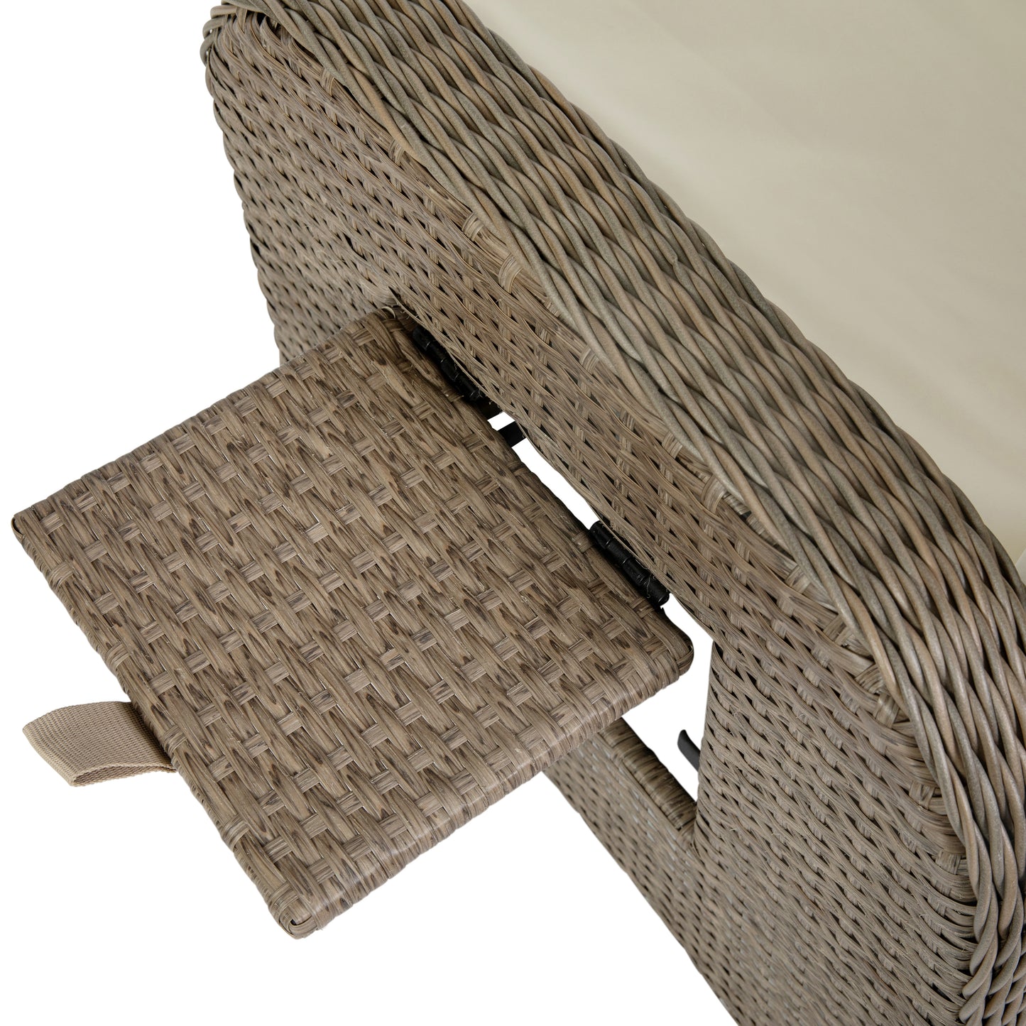 Nemo Indoor/Outdoor Patio Wicker Rattan Recliner Lounge Chair with Flip up Side Table, Beige and Brown Beige Cushions/Brown Frame