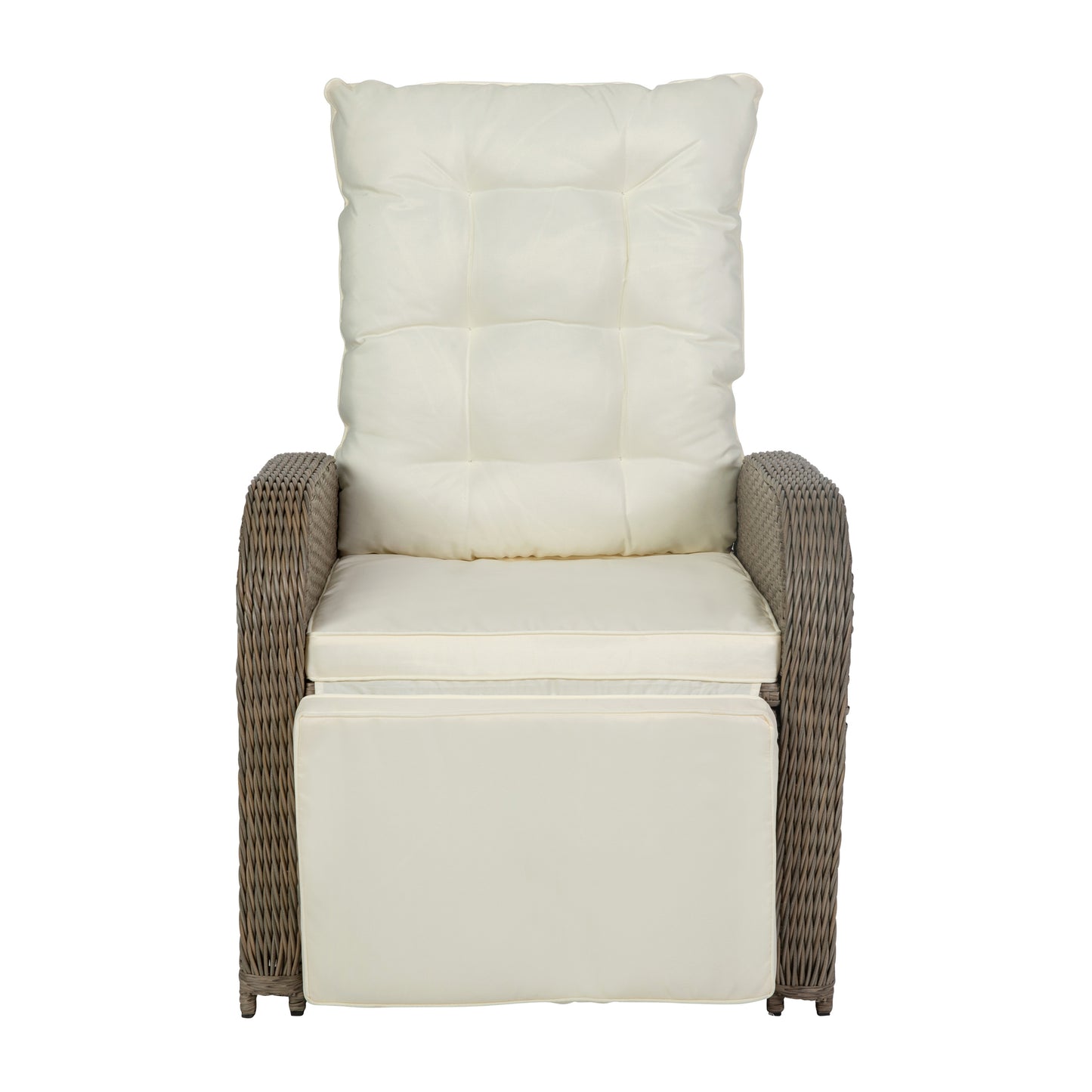 Nemo Indoor/Outdoor Patio Wicker Rattan Recliner Lounge Chair with Flip up Side Table, Beige and Brown Beige Cushions/Brown Frame