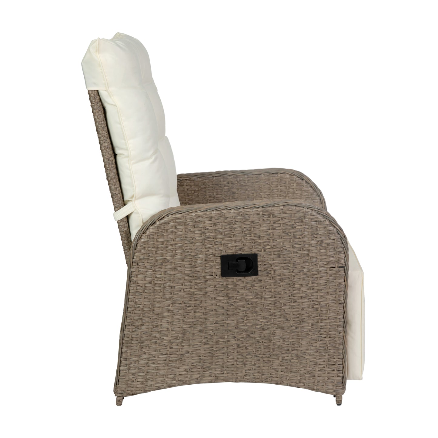 Nemo Indoor/Outdoor Patio Wicker Rattan Recliner Lounge Chair with Flip up Side Table, Beige and Brown Beige Cushions/Brown Frame