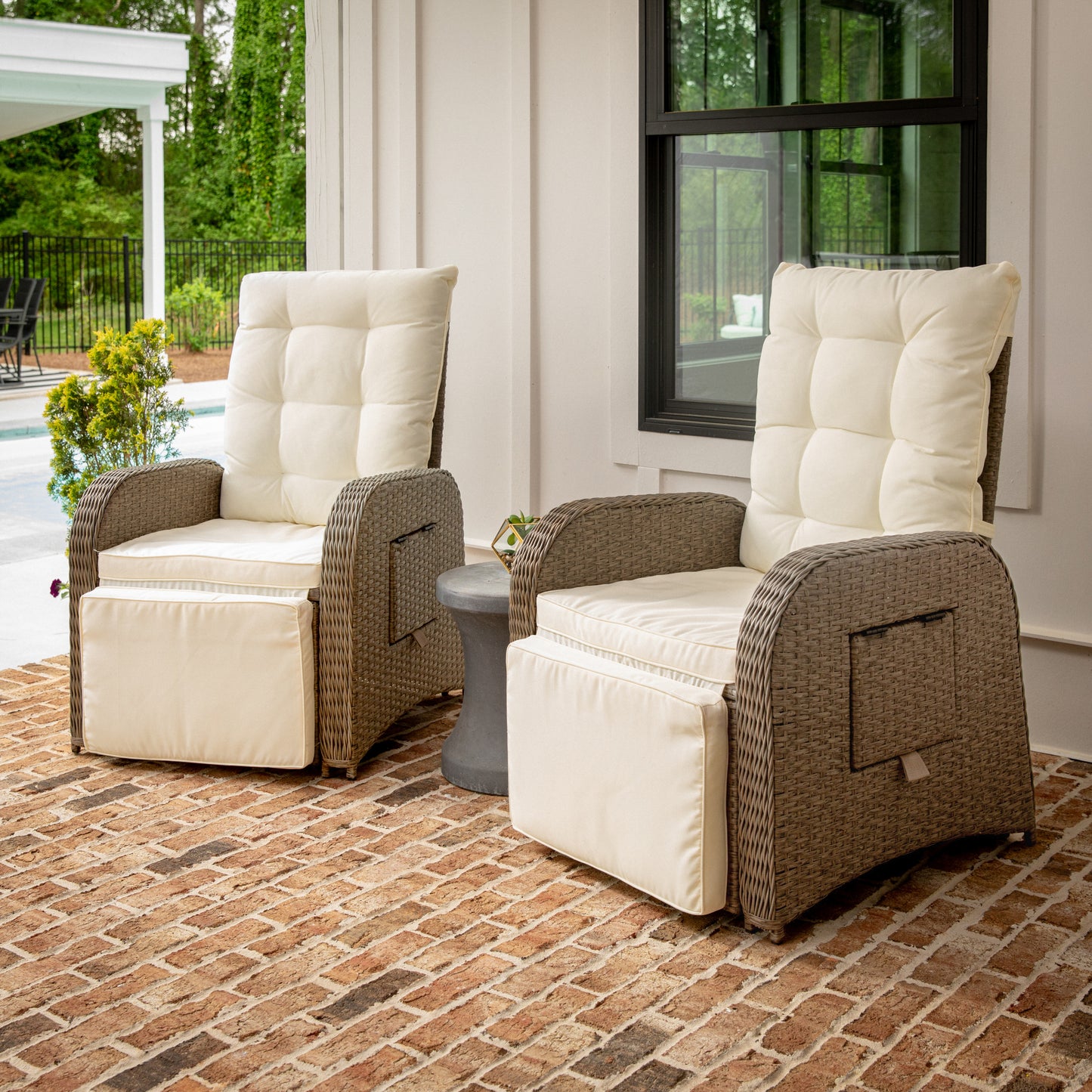 Nemo Indoor/Outdoor Patio Wicker Rattan Recliner Lounge Chair with Flip up Side Table, Beige and Brown Beige Cushions/Brown Frame