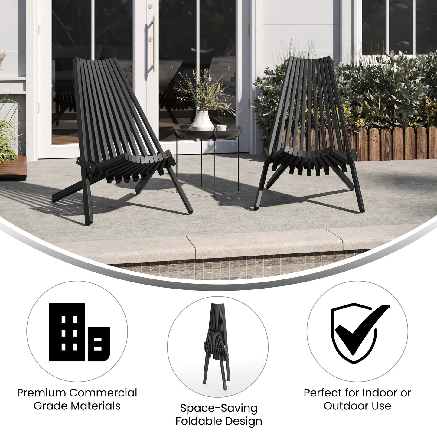 Delia Commercial Grade Indoor/Outdoor Folding Acacia Wood Chair, Low Profile Lounge for Patio, Porch, Garden, Black Black