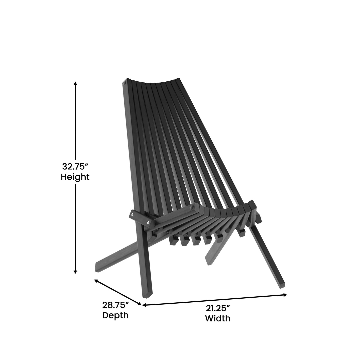 Delia Commercial Grade Indoor/Outdoor Folding Acacia Wood Chair, Low Profile Lounge for Patio, Porch, Garden, Black Black