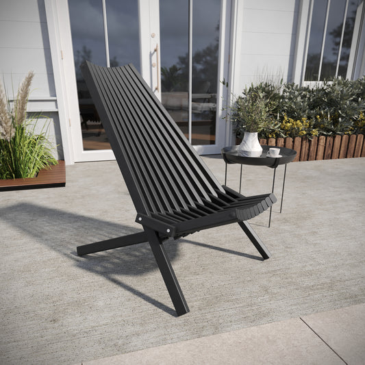 Delia Commercial Grade Indoor/Outdoor Folding Acacia Wood Chair, Low Profile Lounge for Patio, Porch, Garden, Black Black