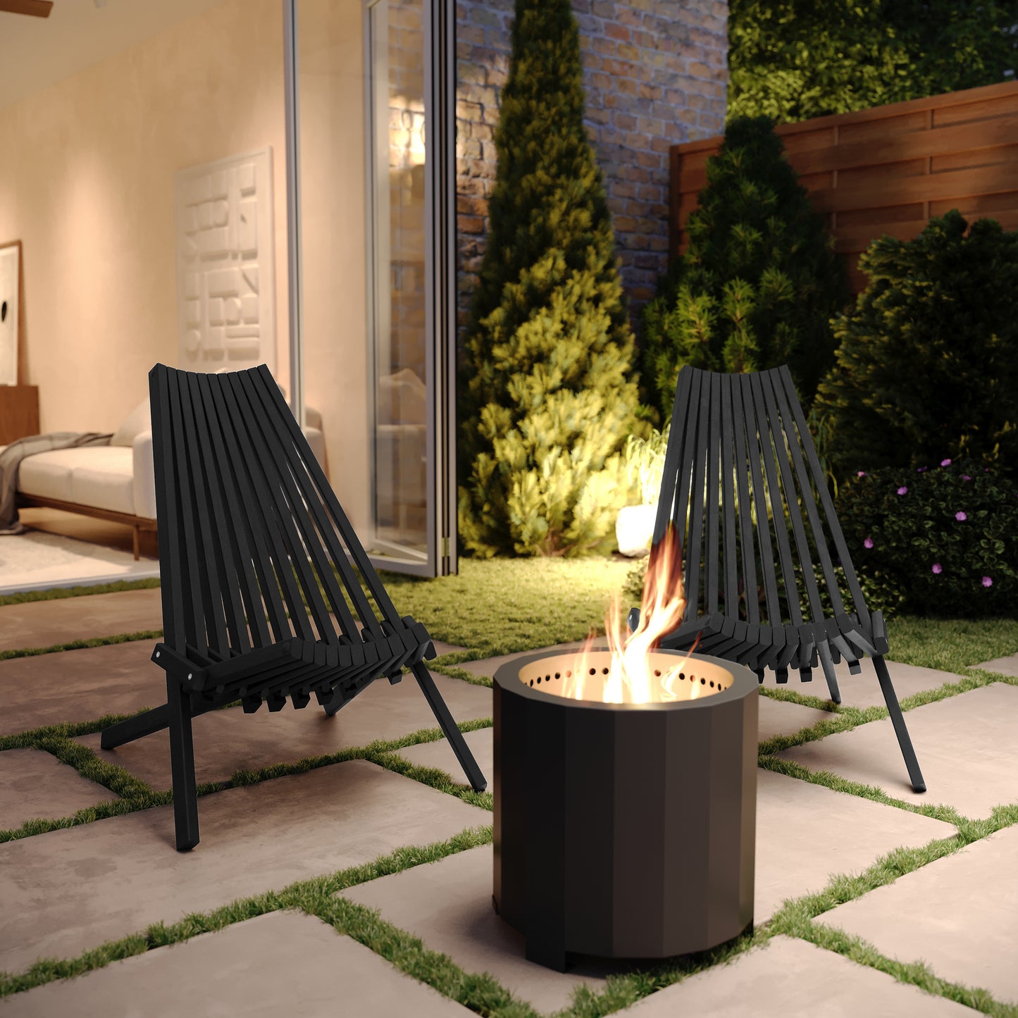 Delia Commercial Grade Indoor/Outdoor Folding Acacia Wood Chair, Low Profile Lounge for Patio, Porch, Garden, Black Black