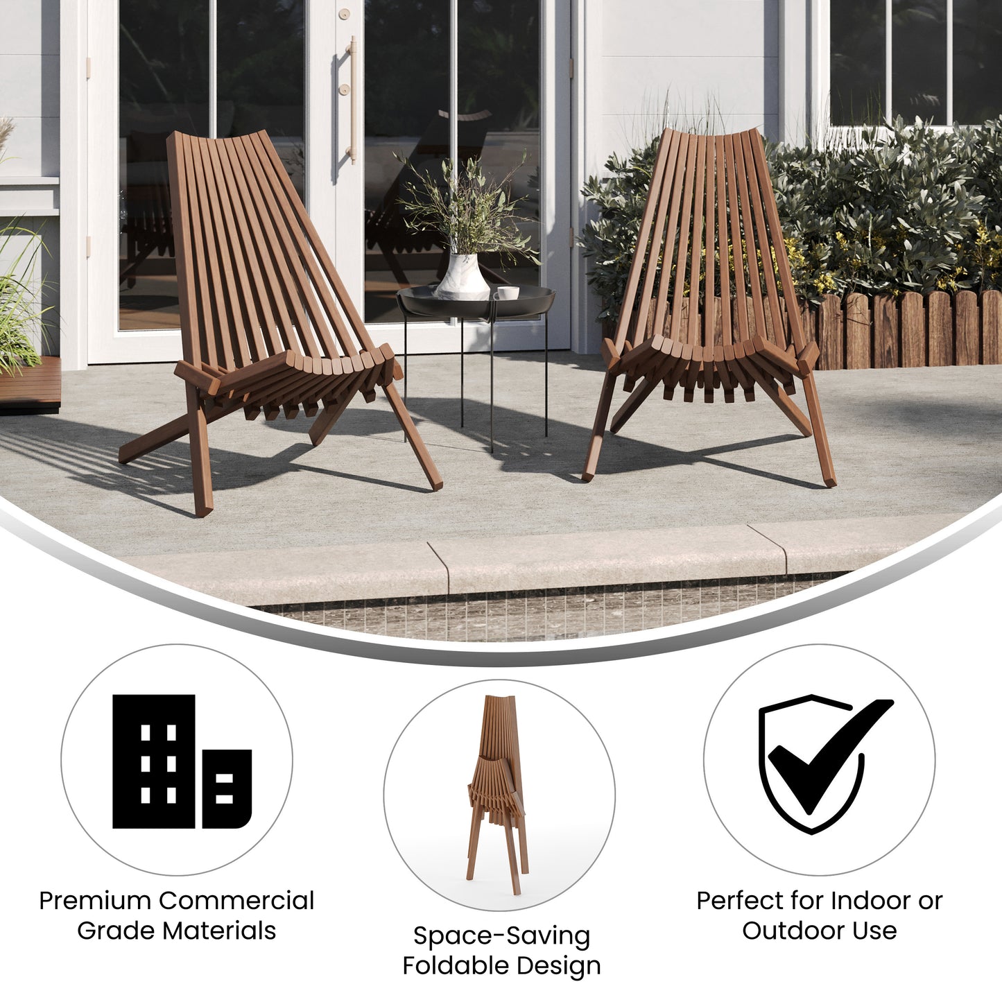 Delia Commercial Grade Indoor/Outdoor Folding Acacia Wood Chair, Low Profile Lounge for Patio, Porch, Garden, Brown Brown