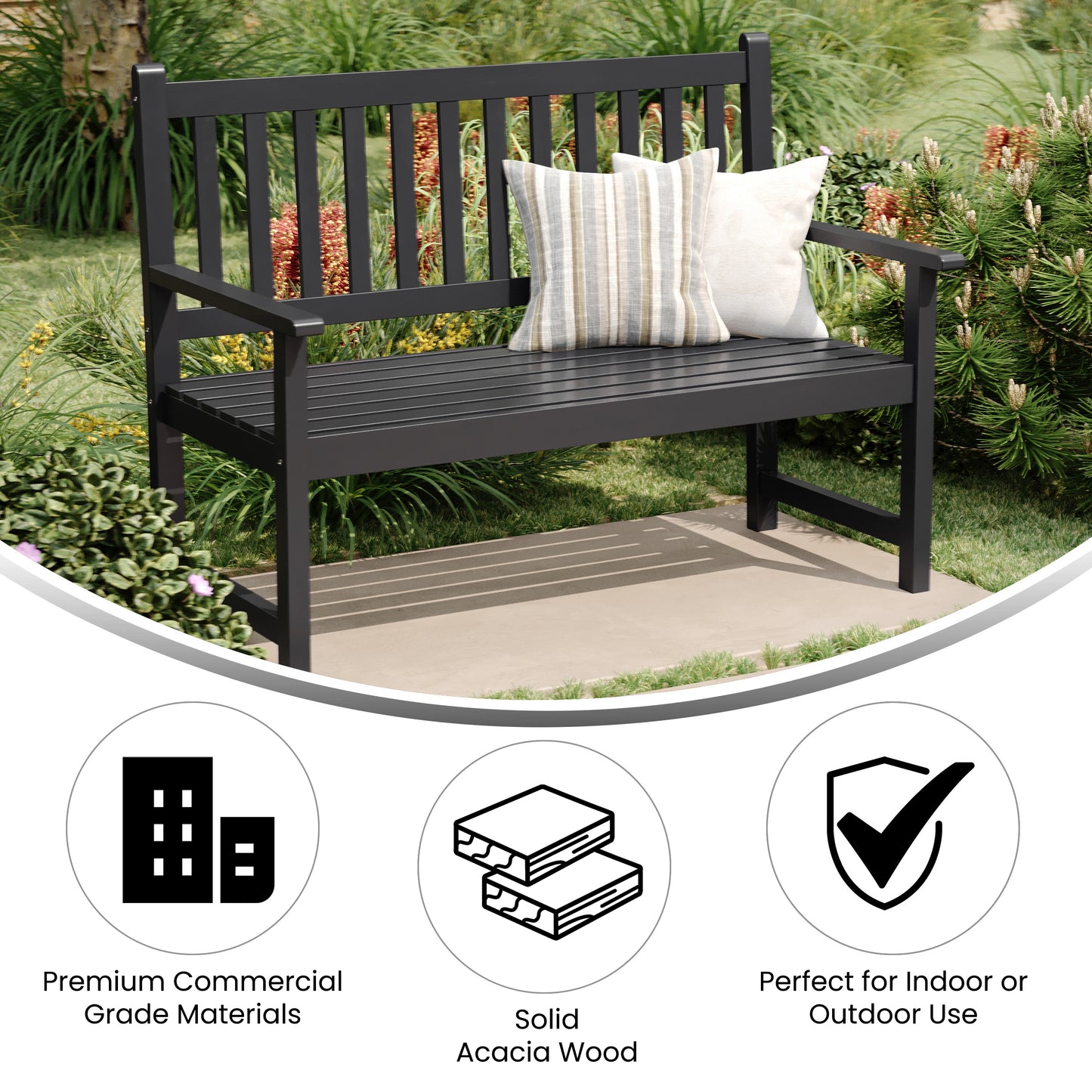Adele Commercial Grade Indoor/Outdoor Patio Acacia Wood Bench, 2-Person Slatted Seat Loveseat for Park, Garden, Yard, Porch, Black Black